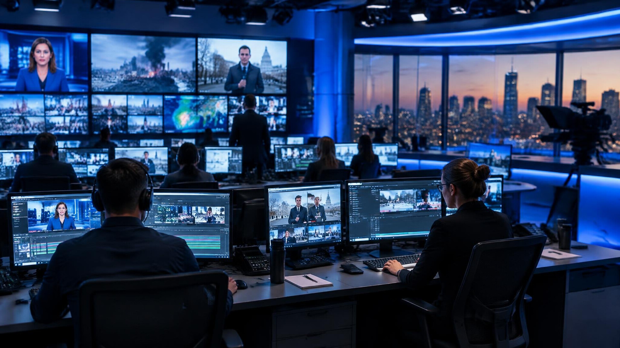 Broadcast newsroom control room with monitors and editing desks