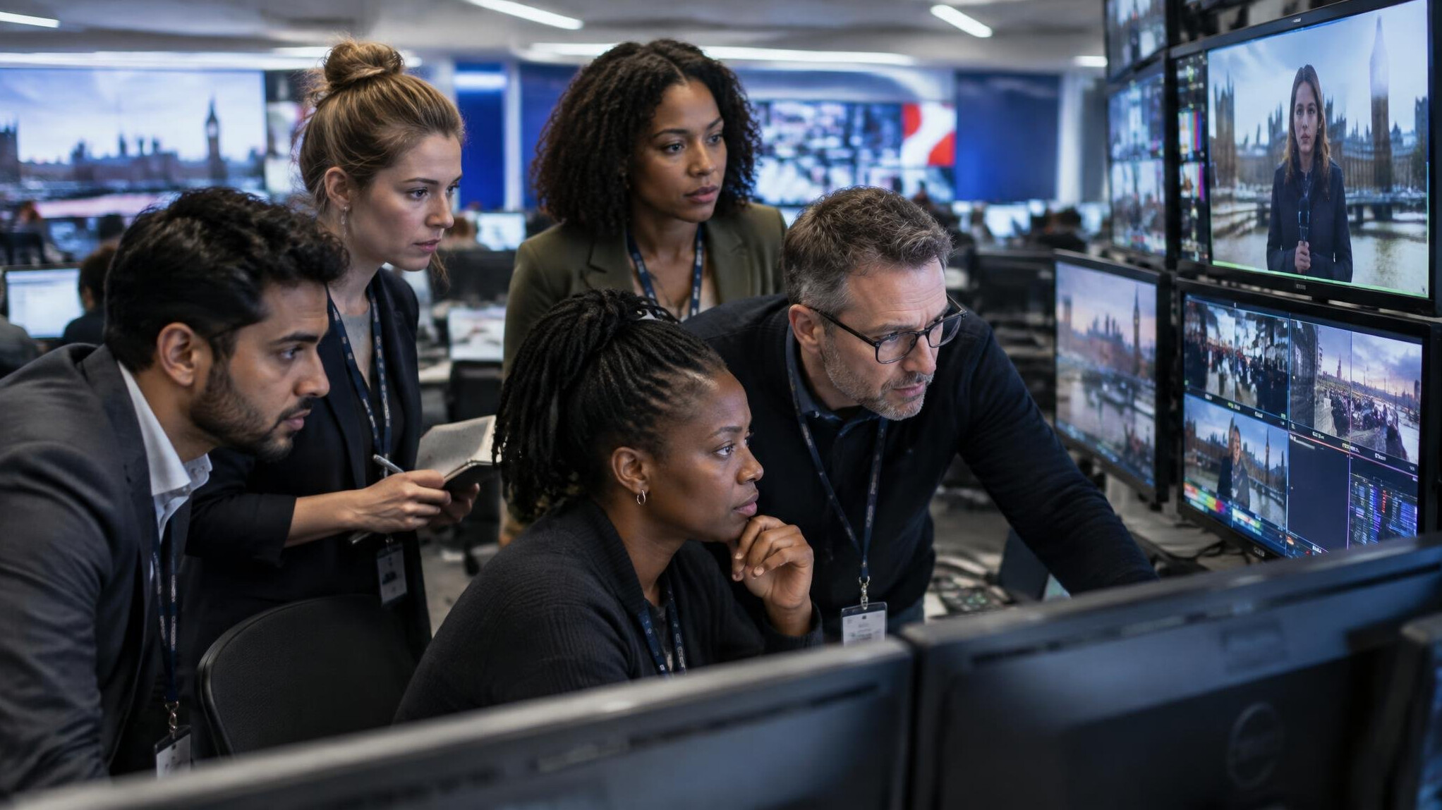 Diverse newsroom team reviewing footage together at a bank of monitors