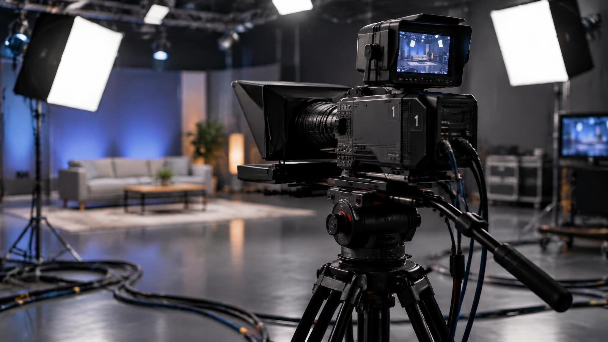 Professional broadcast camera set up on a tripod in a television studio