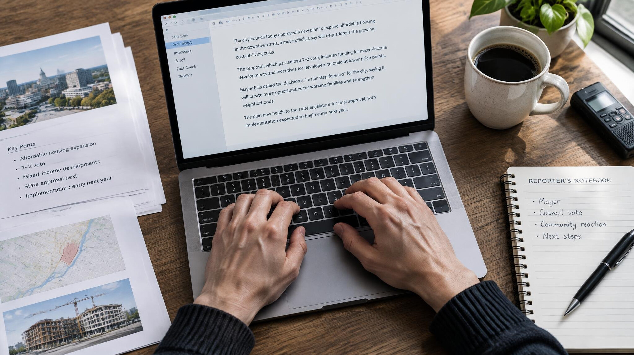 Hands typing a news script on a laptop next to notebooks