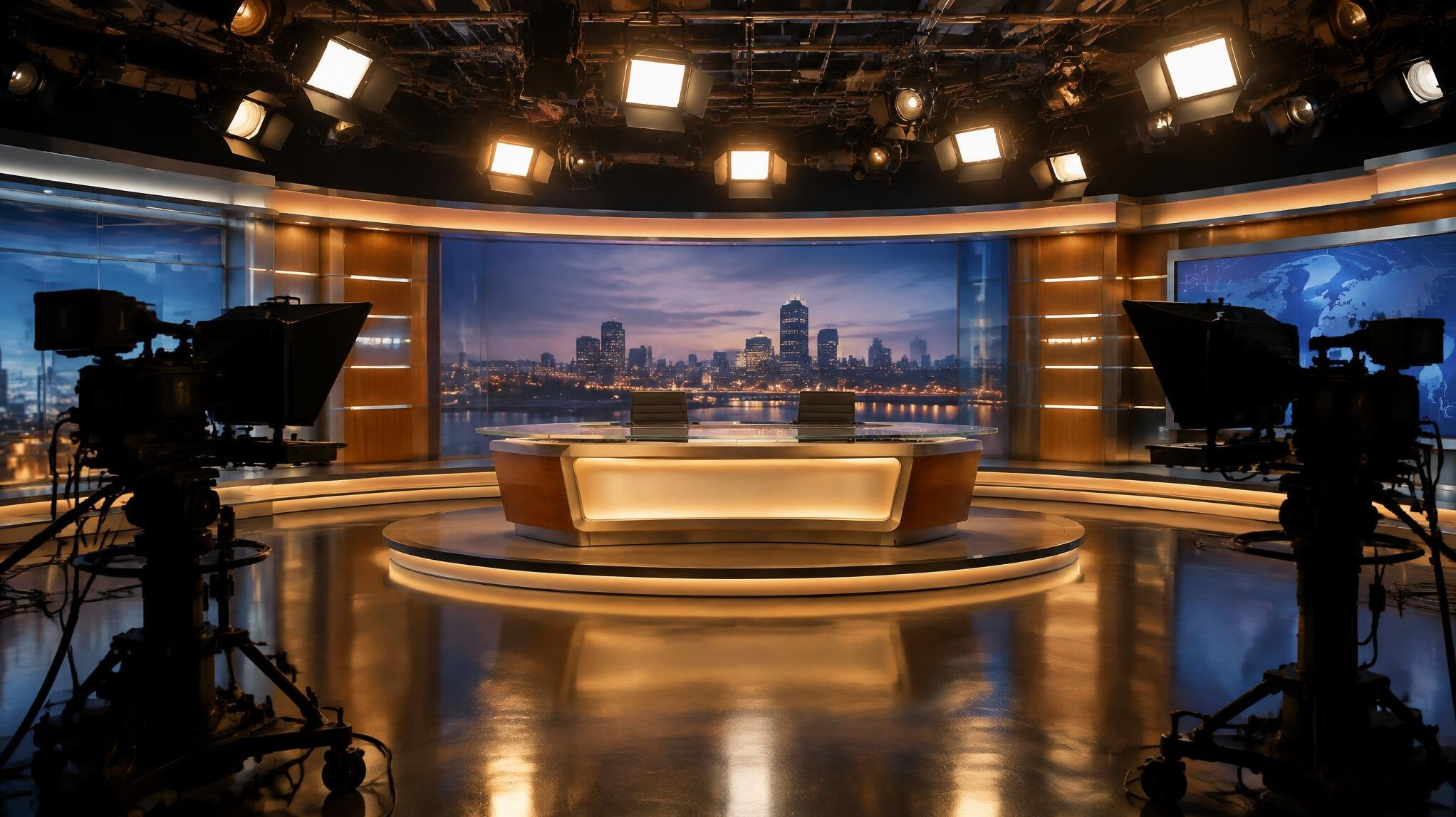 Empty television studio set with lights and camera before a broadcast