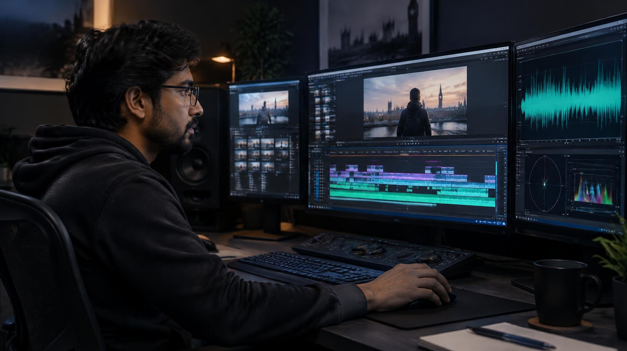 Video editor working on footage timeline at a workstation