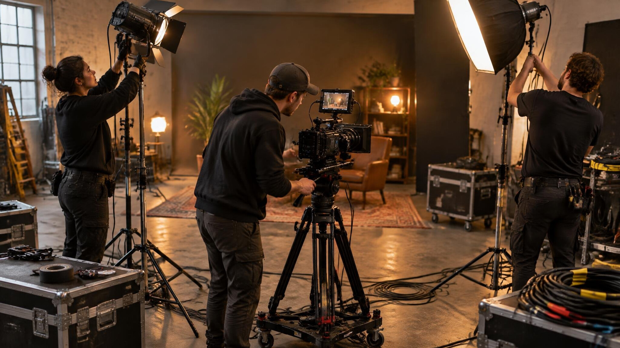 Film crew adjusting studio lighting and camera gear before a shoot